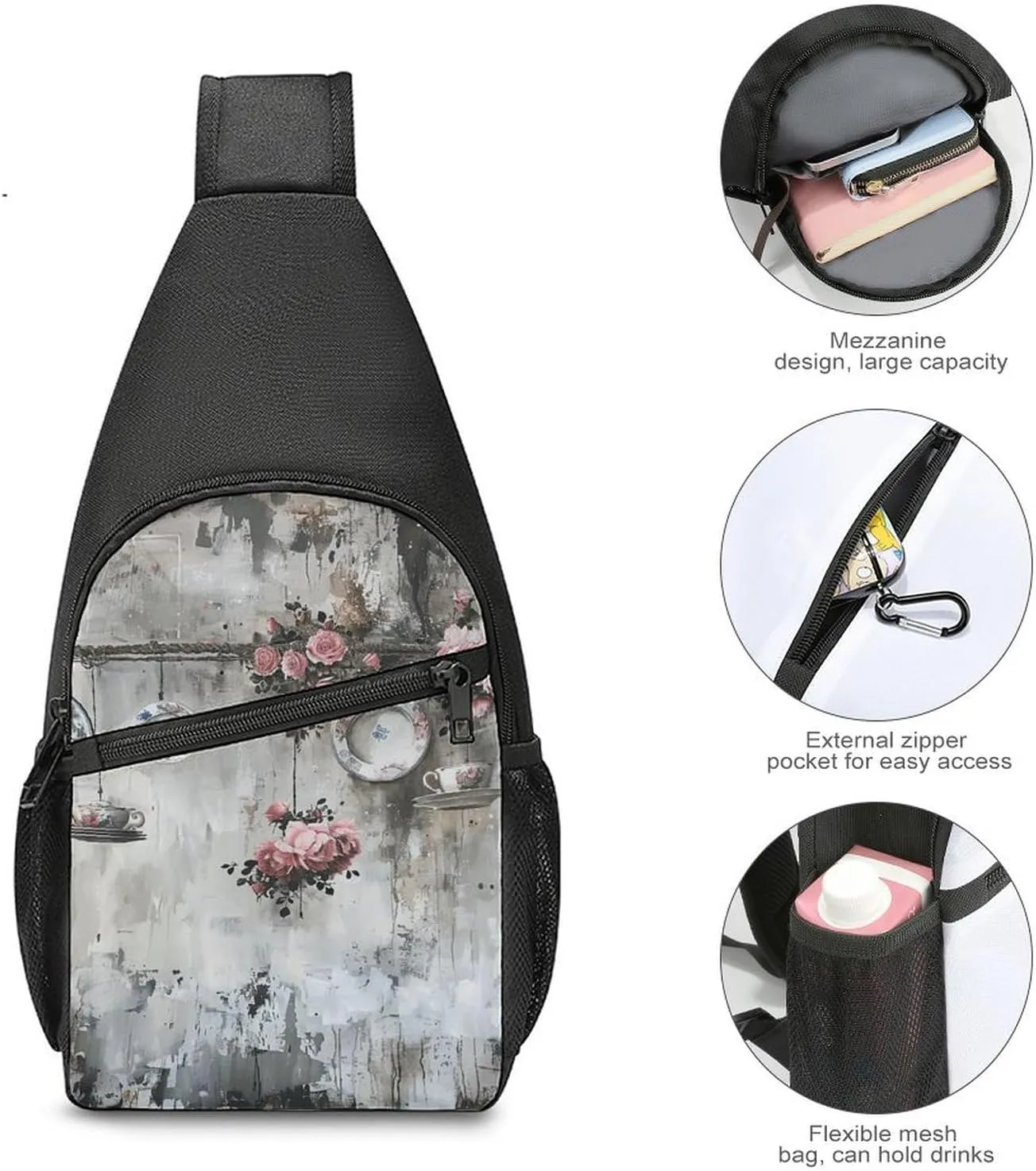 Sling Backpack for Women Men Crossbody Chest Bag Travel Porcelain Style Painting Daypack Shoulder Bag for Hiking
