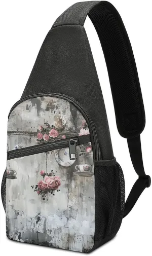 Sling Backpack for Women Men Crossbody Chest Bag Travel Porcelain Style Painting Daypack Shoulder Bag for Hiking