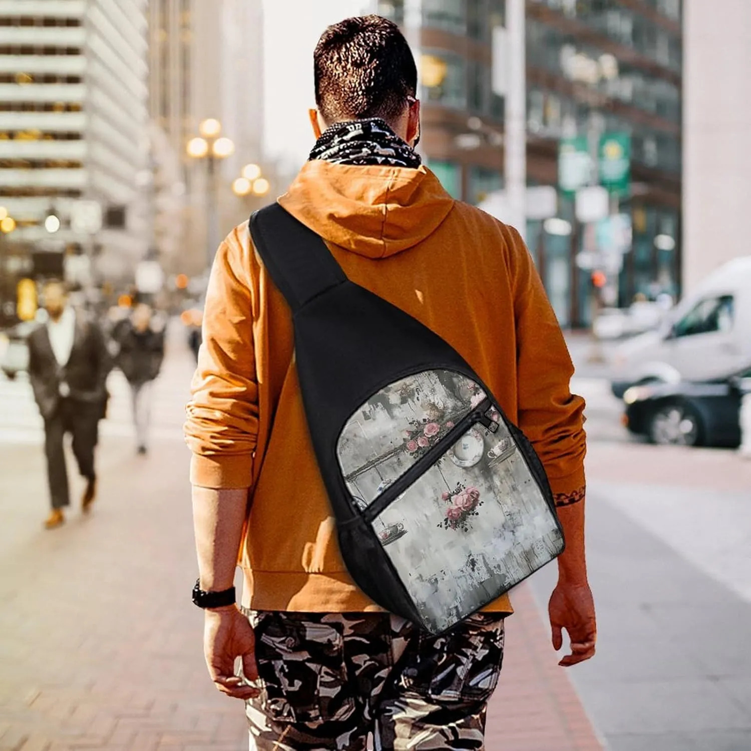 Sling Backpack for Women Men Crossbody Chest Bag Travel Porcelain Style Painting Daypack Shoulder Bag for Hiking