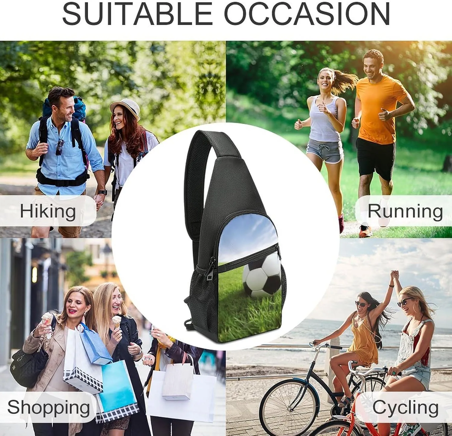 Sling Backpack for Women Men Crossbody Chest Bag Travel Soccer Ball On Grassy Daypack Shoulder Bag for Hiking