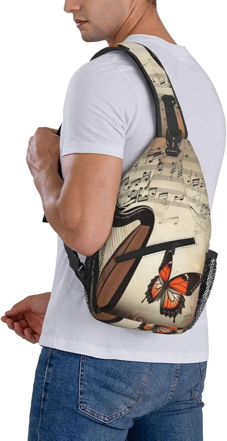 Sling Bag Crossbody Backpack for Men Women Butterfly Harp Chest Bag Crossbody Bag for Travel Sport Running