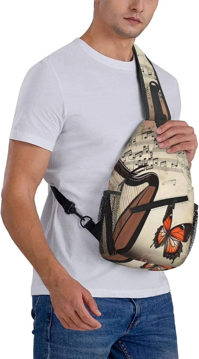 Sling Bag Crossbody Backpack for Men Women Butterfly Harp Chest Bag Crossbody Bag for Travel Sport Running