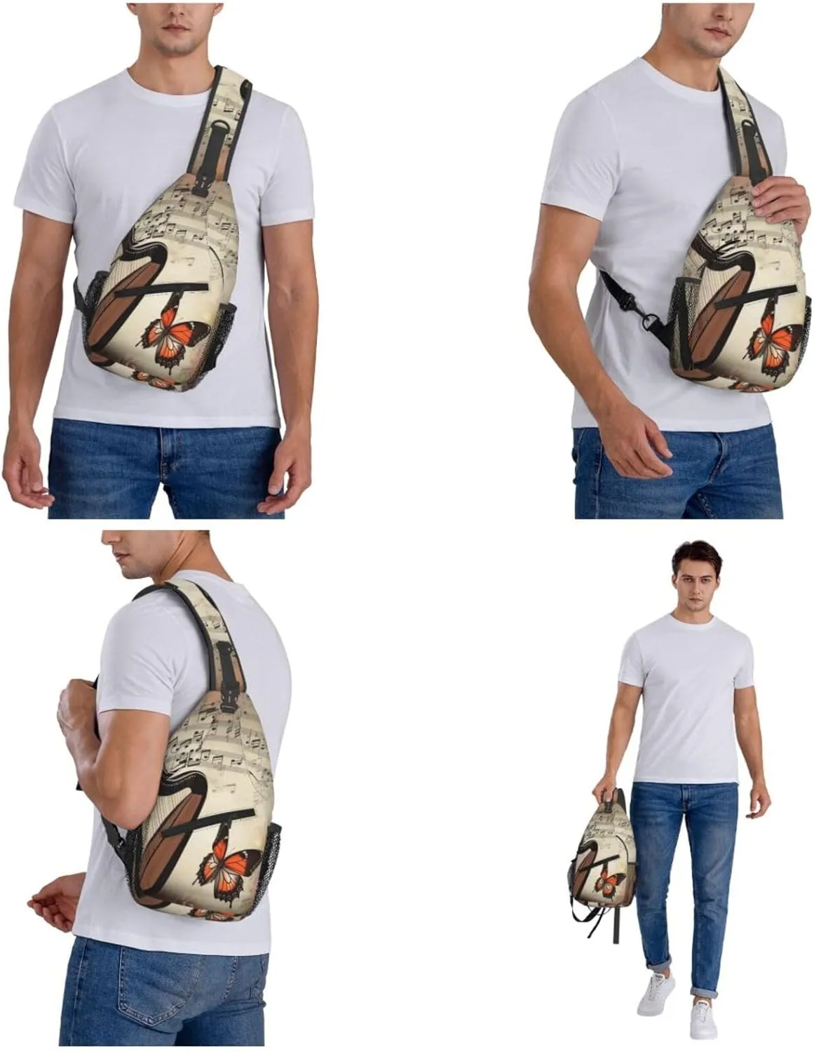 Sling Bag Crossbody Backpack for Men Women Butterfly Harp Chest Bag Crossbody Bag for Travel Sport Running