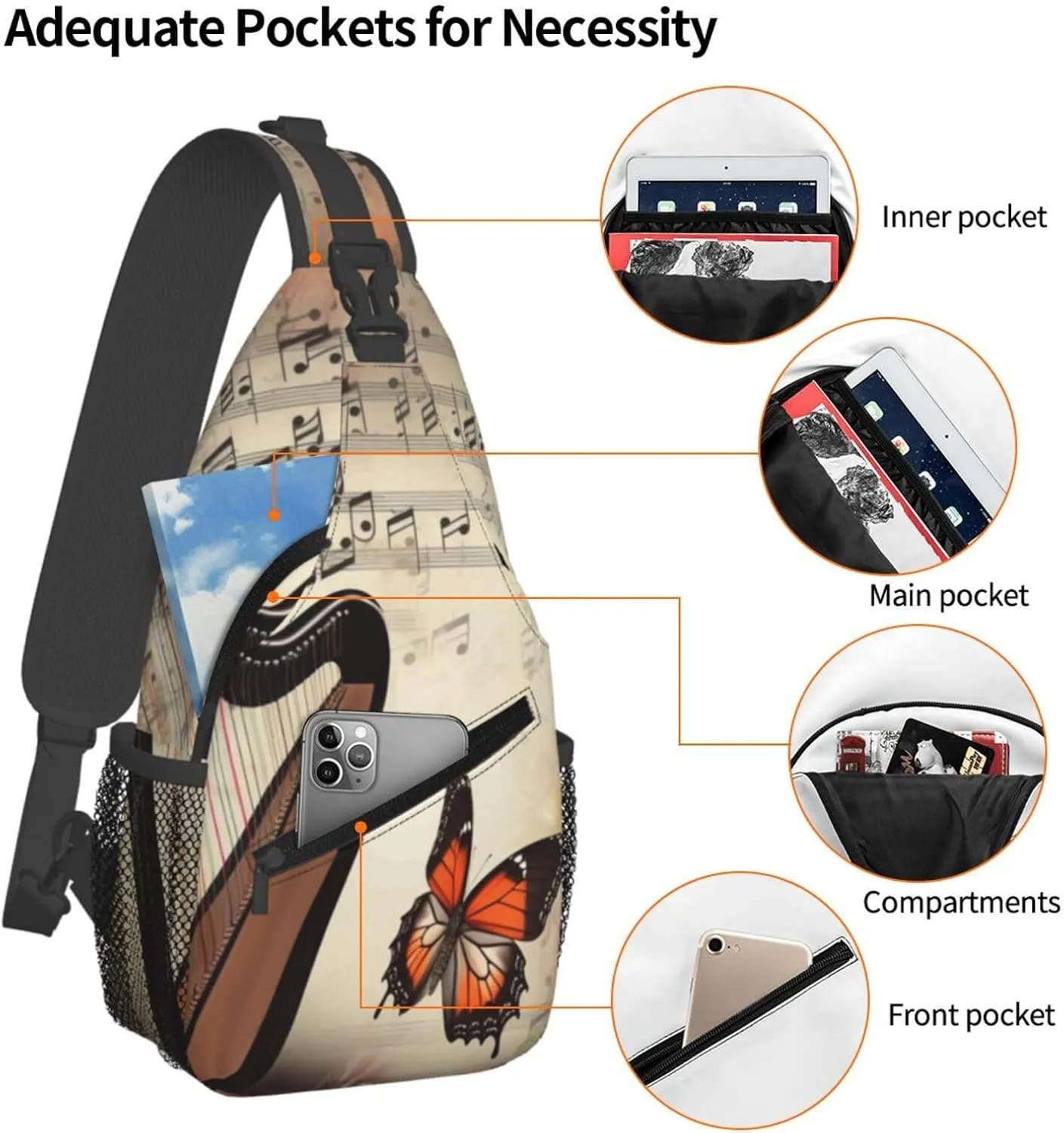 Sling Bag Crossbody Backpack for Men Women Butterfly Harp Chest Bag Crossbody Bag for Travel Sport Running