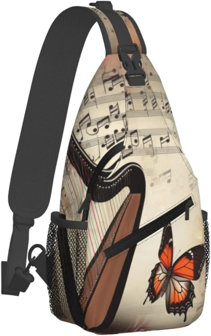Sling Bag Crossbody Backpack for Men Women Butterfly Harp Chest Bag Crossbody Bag for Travel Sport Running