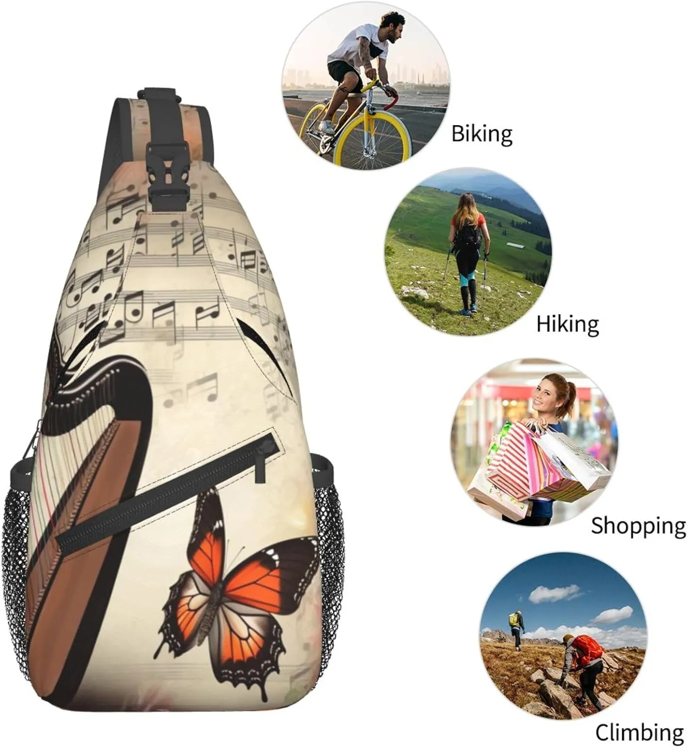 Sling Bag Crossbody Backpack for Men Women Butterfly Harp Chest Bag Crossbody Bag for Travel Sport Running