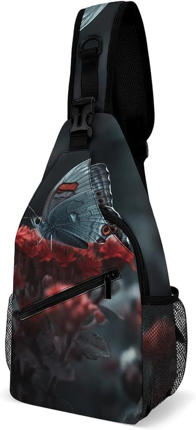 Sling Bag Crossbody Backpack for Men Women Butterfly on Red Flower Chest Bag Crossbody Bag for Travel Sport Running