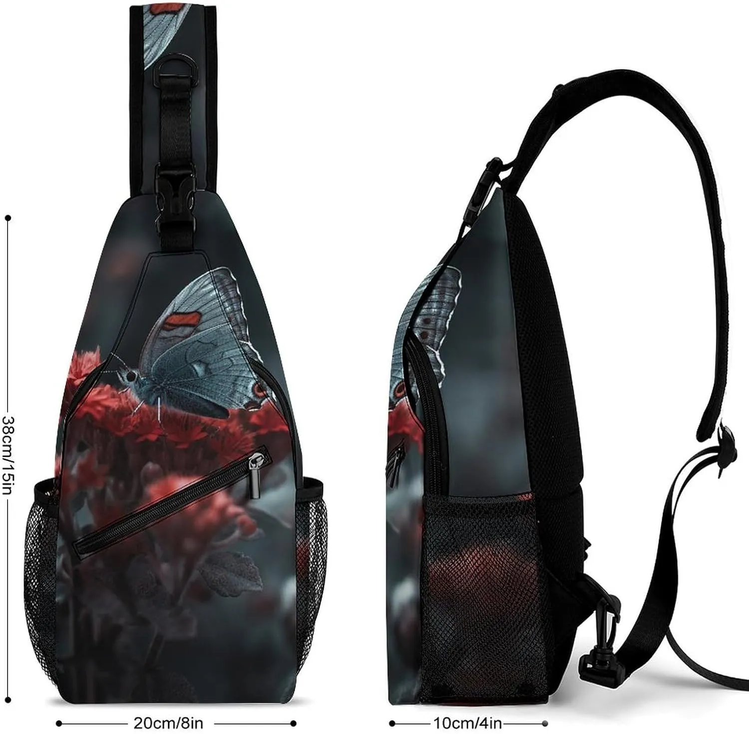 Sling Bag Crossbody Backpack for Men Women Butterfly on Red Flower Chest Bag Crossbody Bag for Travel Sport Running