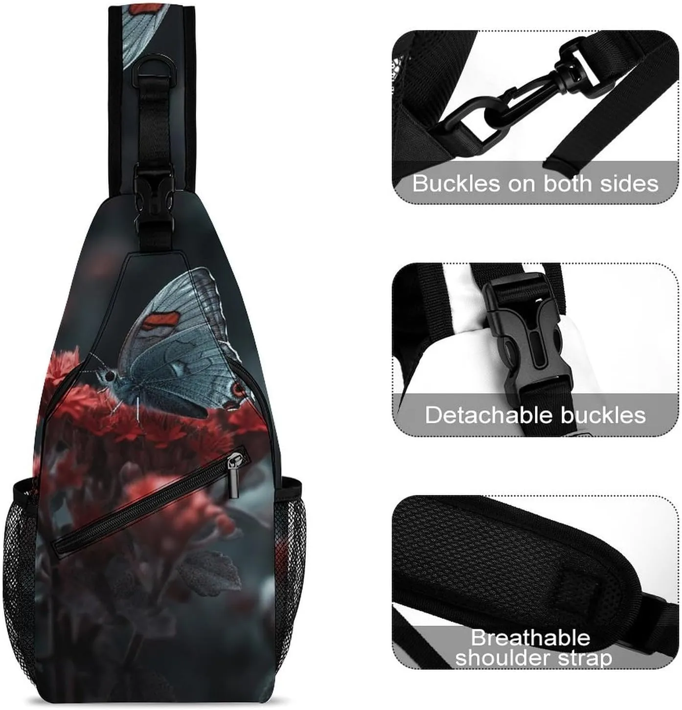 Sling Bag Crossbody Backpack for Men Women Butterfly on Red Flower Chest Bag Crossbody Bag for Travel Sport Running