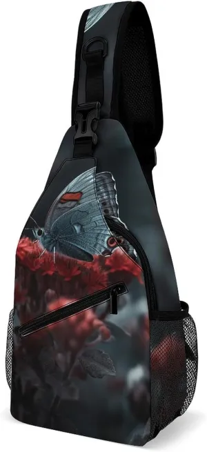 Sling Bag Crossbody Backpack for Men Women Butterfly on Red Flower Chest Bag Crossbody Bag for Travel Sport Running
