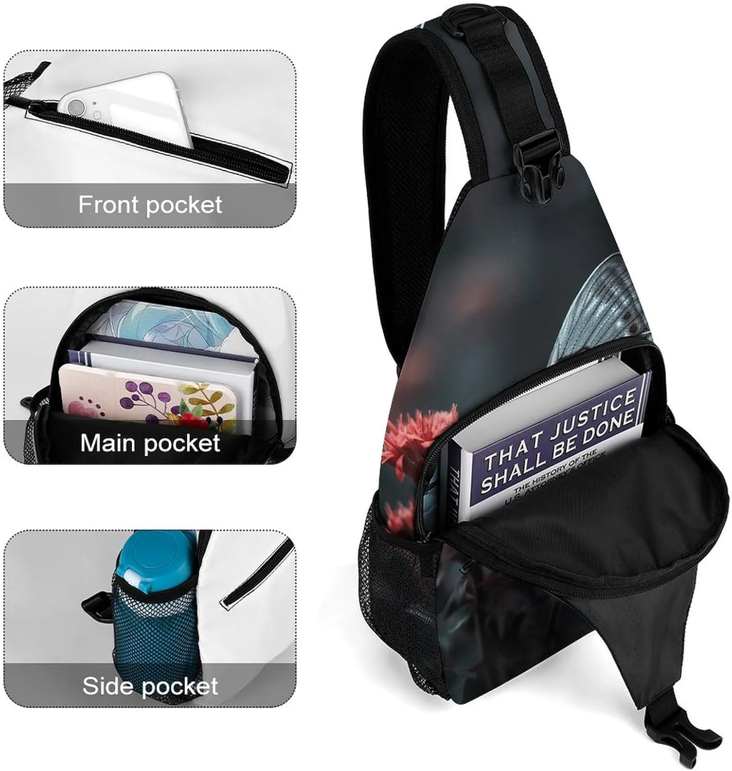 Sling Bag Crossbody Backpack for Men Women Butterfly on Red Flower Chest Bag Crossbody Bag for Travel Sport Running