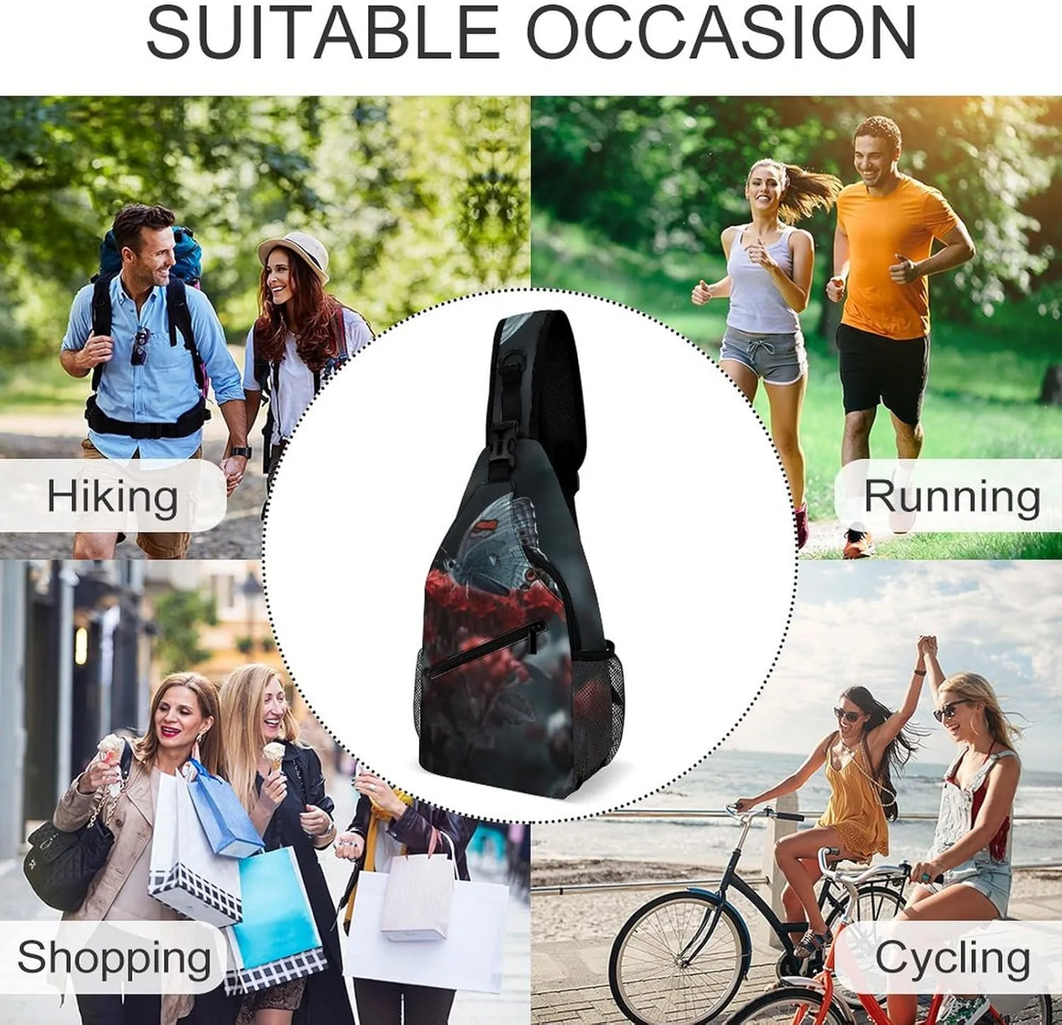 Sling Bag Crossbody Backpack for Men Women Butterfly on Red Flower Chest Bag Crossbody Bag for Travel Sport Running