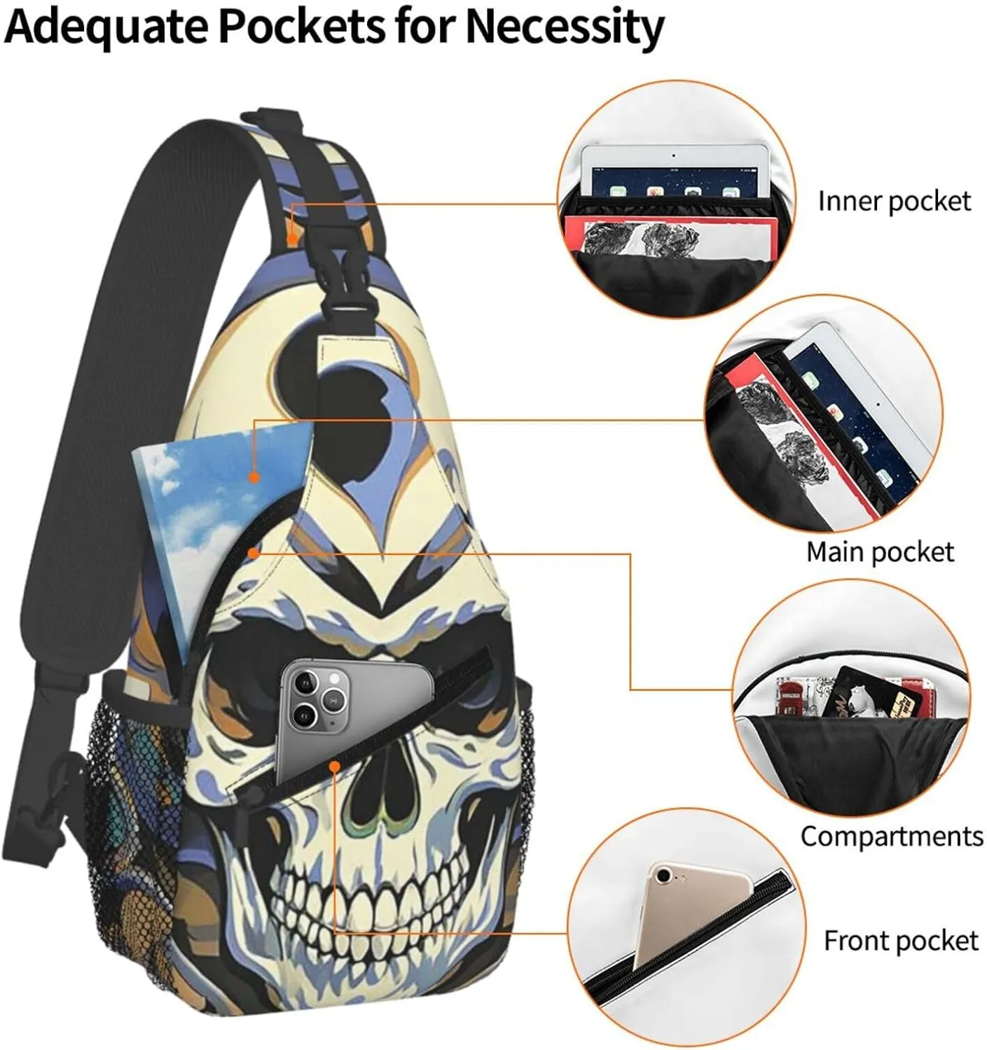 Sling Bag Crossbody Backpack for Men Women Cool Skull Graphics4 Chest Bag Crossbody Bag for Travel Sport Running