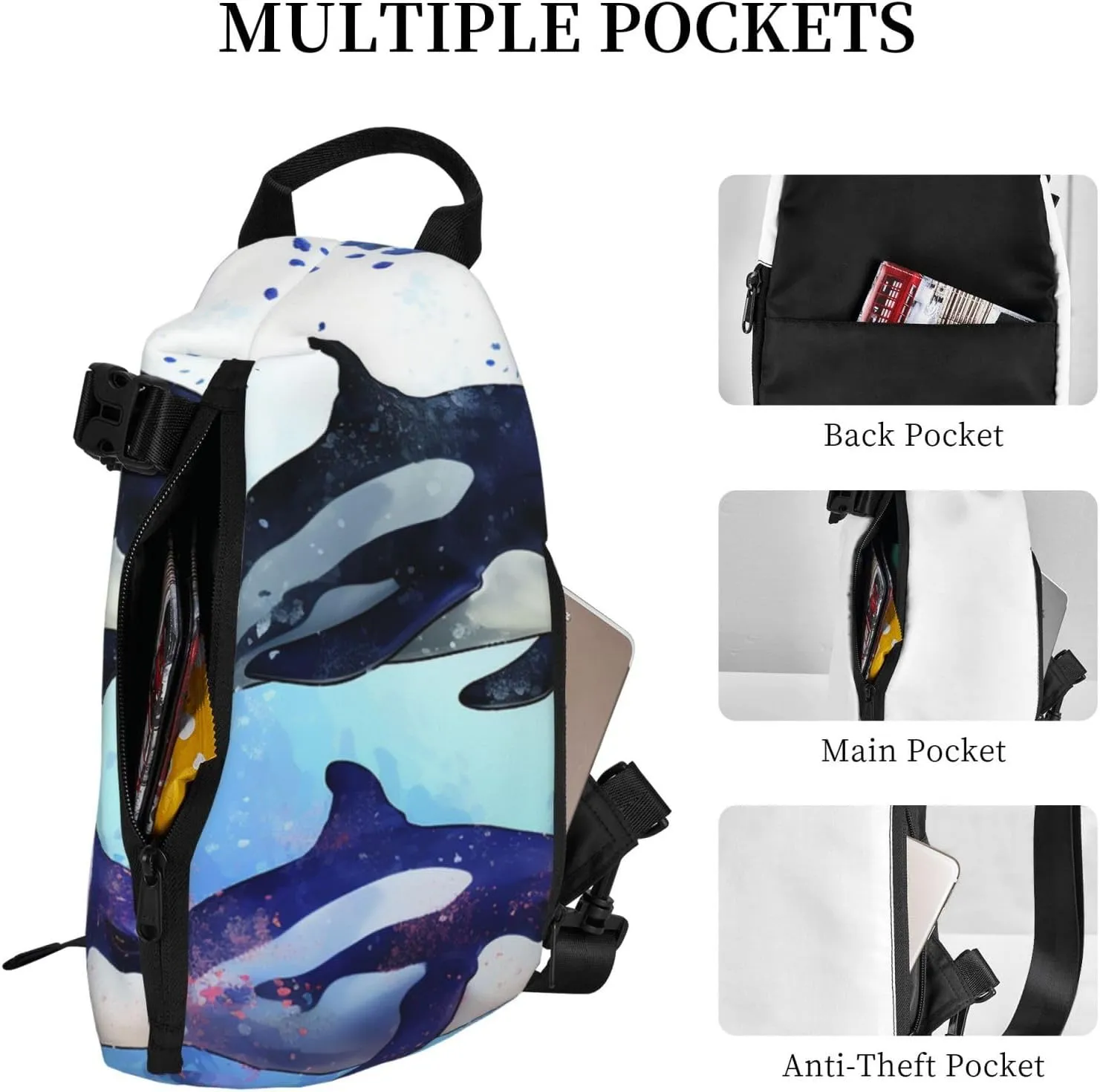Sling Bag Crossbody Backpack for Men Women Orca Killer Whale Chest Bag Crossbody Bag for Travel Sport Running