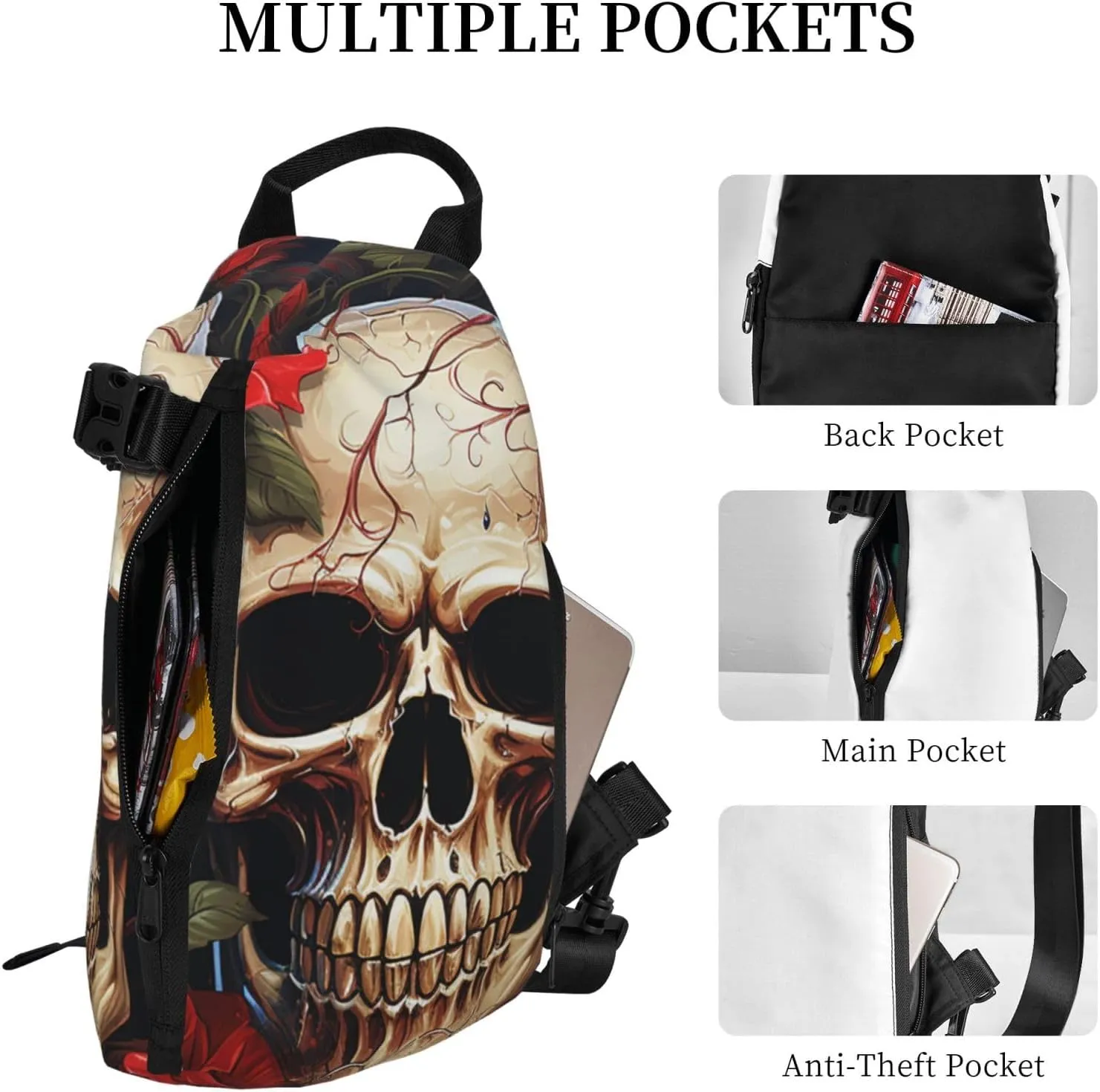 Sling Bag Crossbody Backpack for Men Women Skull Rose-Red Chest Bag Crossbody Bag for Travel Sport Running