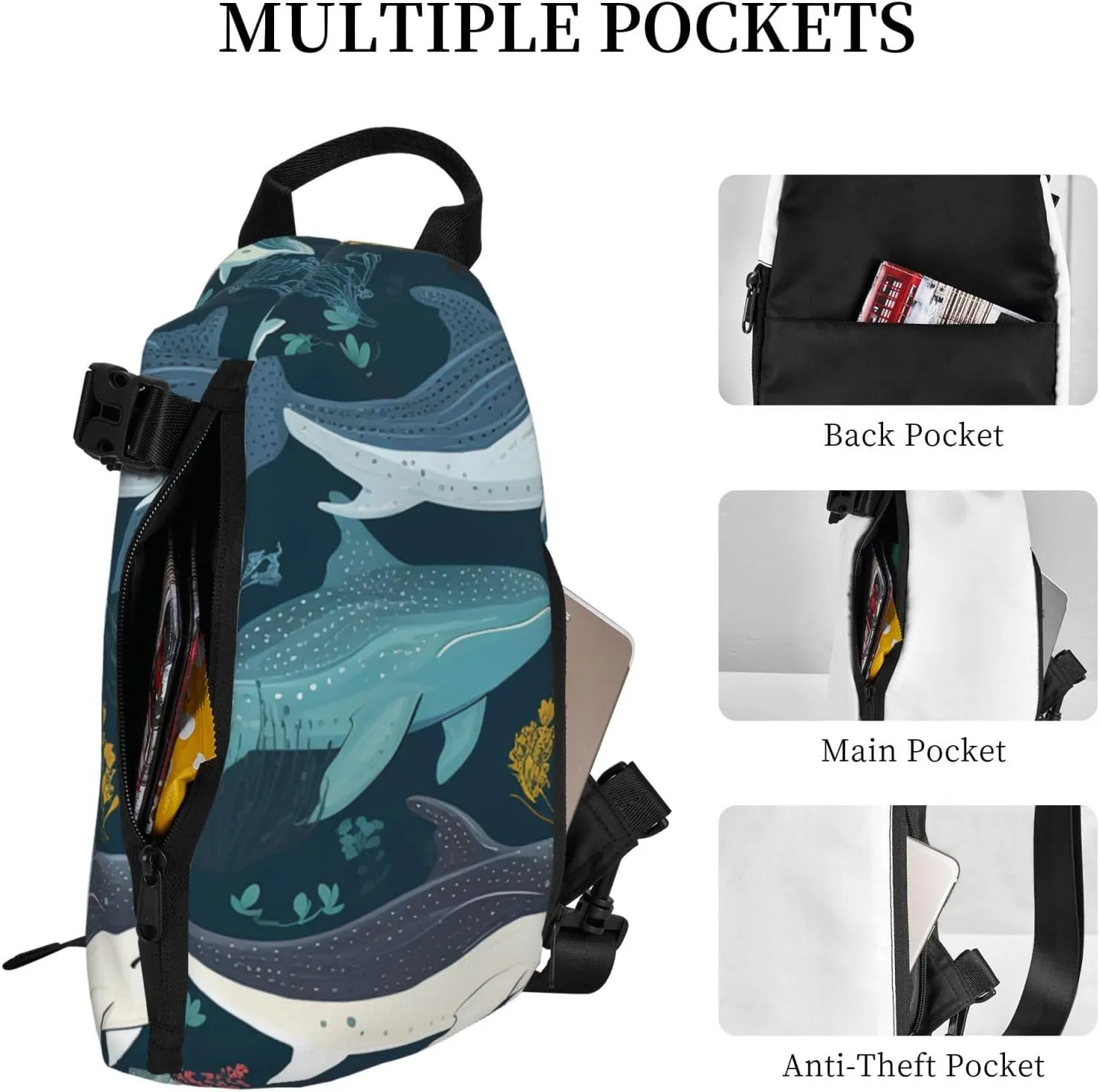 Sling Bag Crossbody Backpack for Men Women Whale Pattern Chest Bag Crossbody Bag for Travel Sport Running