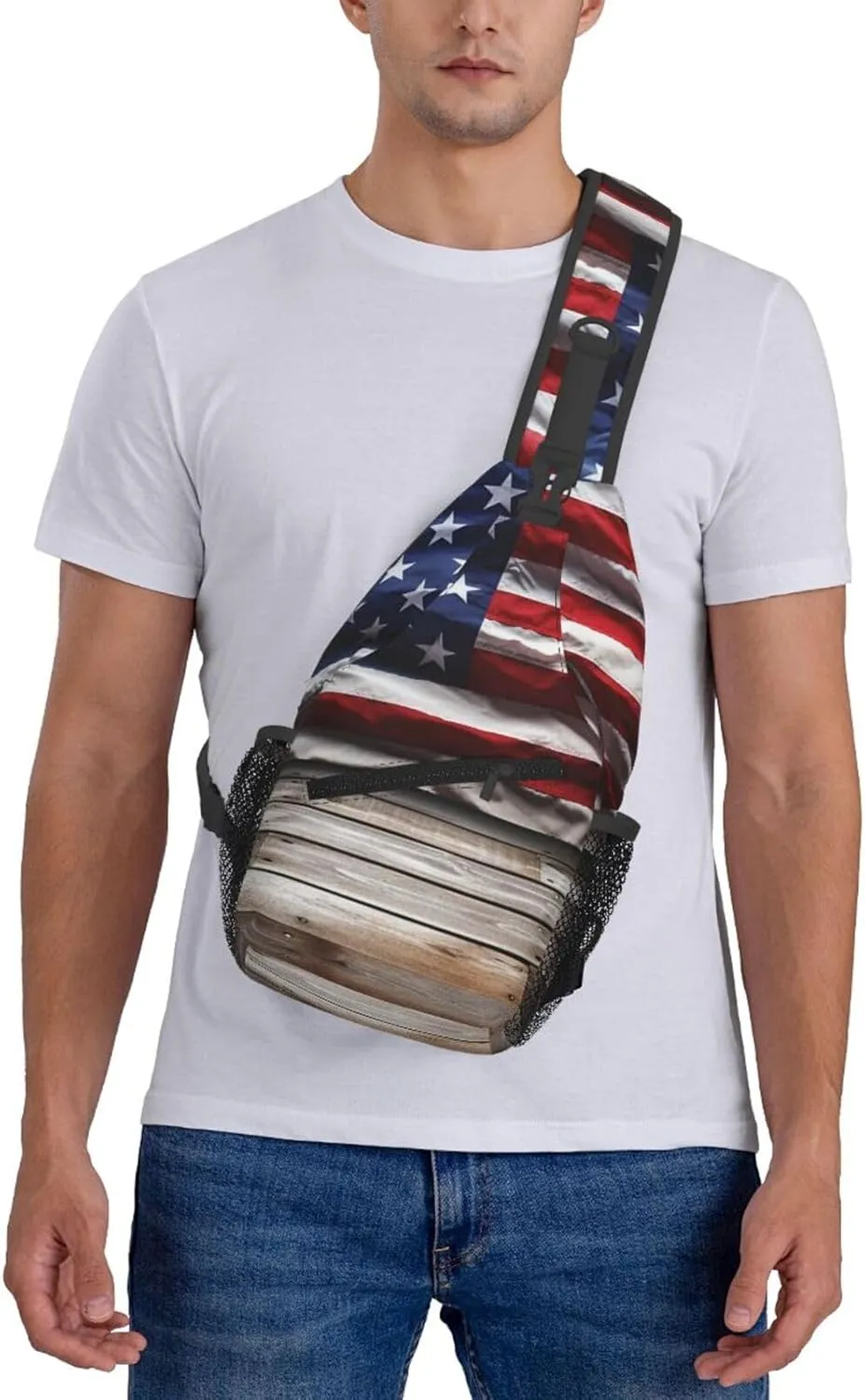 Sling Bag Crossbody Backpack for Men Women Wooden Floor American Flag Chest Bag Crossbody Bag for Travel Sport Running
