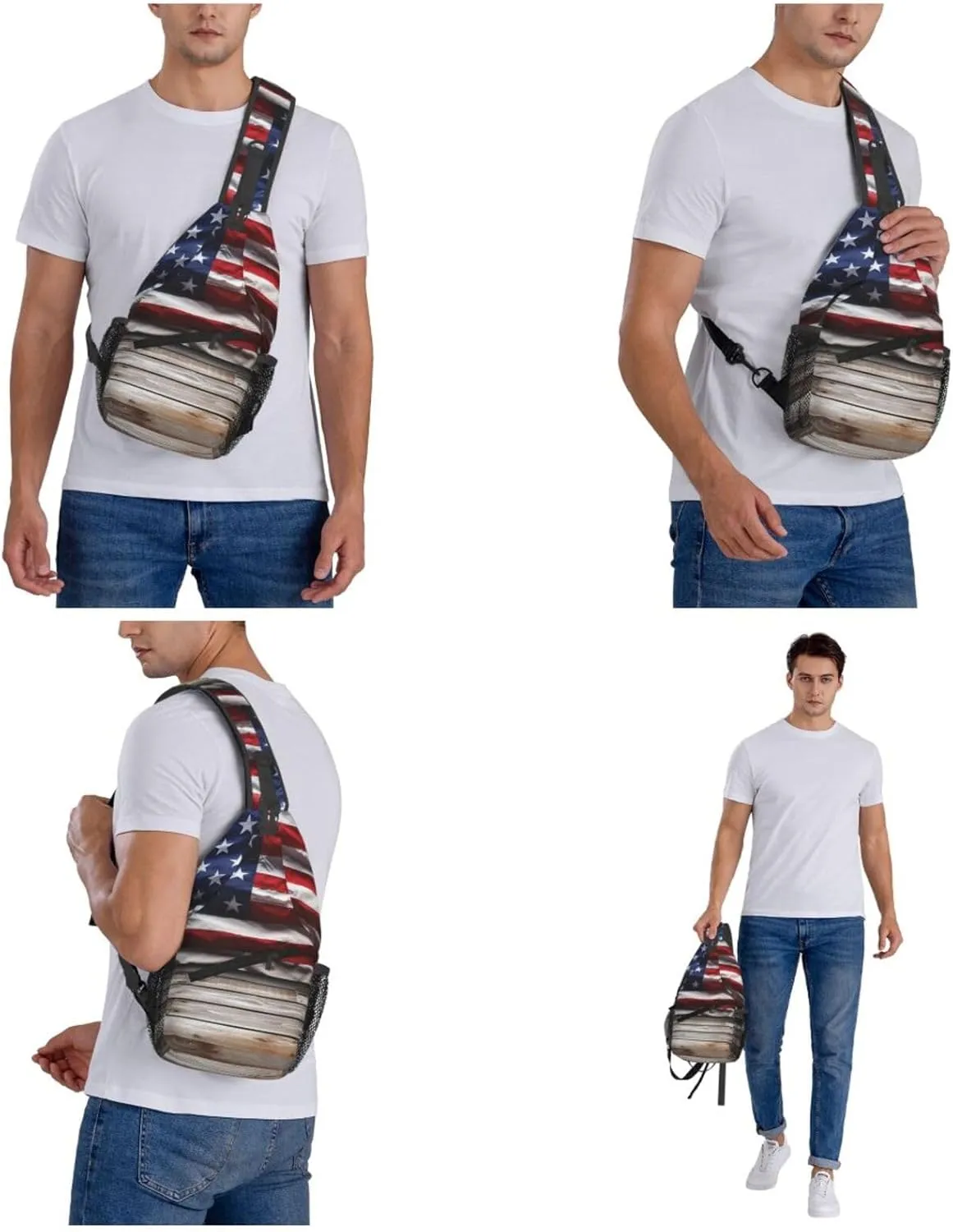 Sling Bag Crossbody Backpack for Men Women Wooden Floor American Flag Chest Bag Crossbody Bag for Travel Sport Running