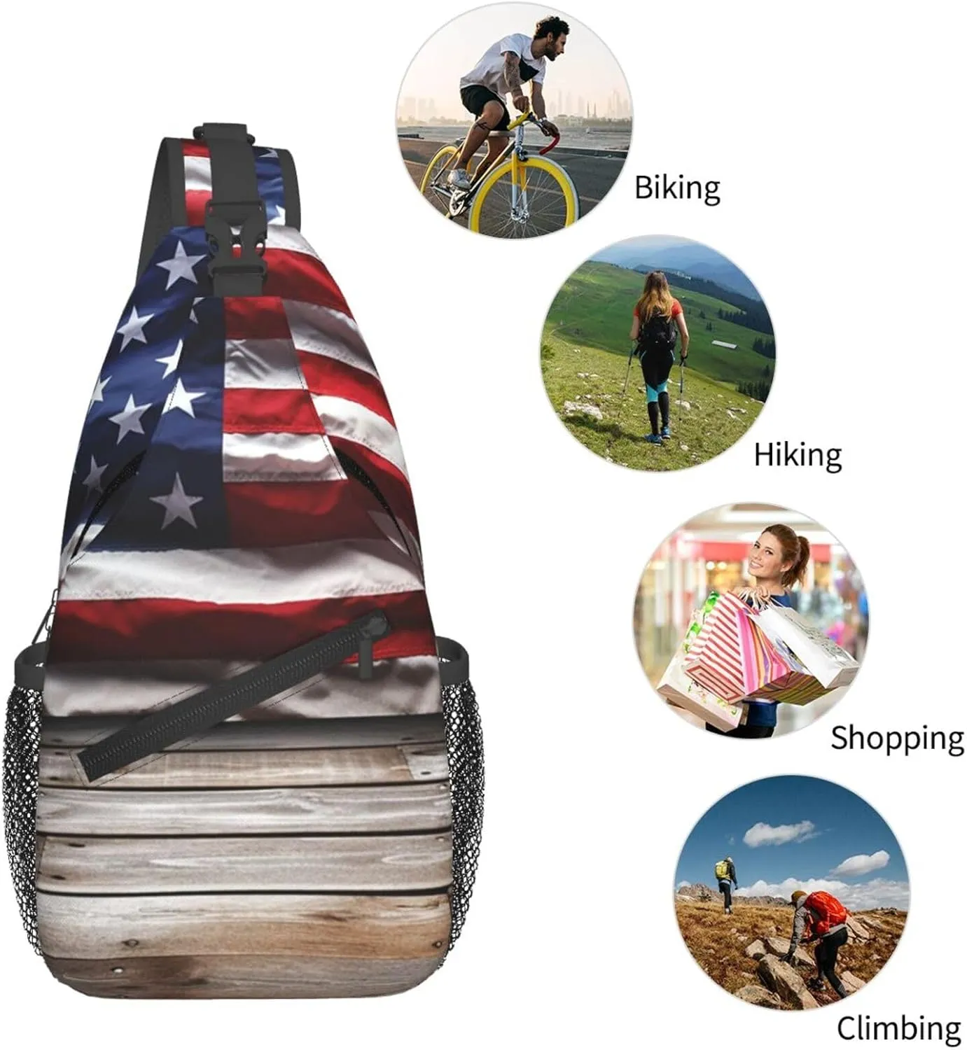 Sling Bag Crossbody Backpack for Men Women Wooden Floor American Flag Chest Bag Crossbody Bag for Travel Sport Running