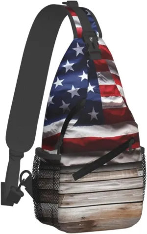 Sling Bag Crossbody Backpack for Men Women Wooden Floor American Flag Chest Bag Crossbody Bag for Travel Sport Running