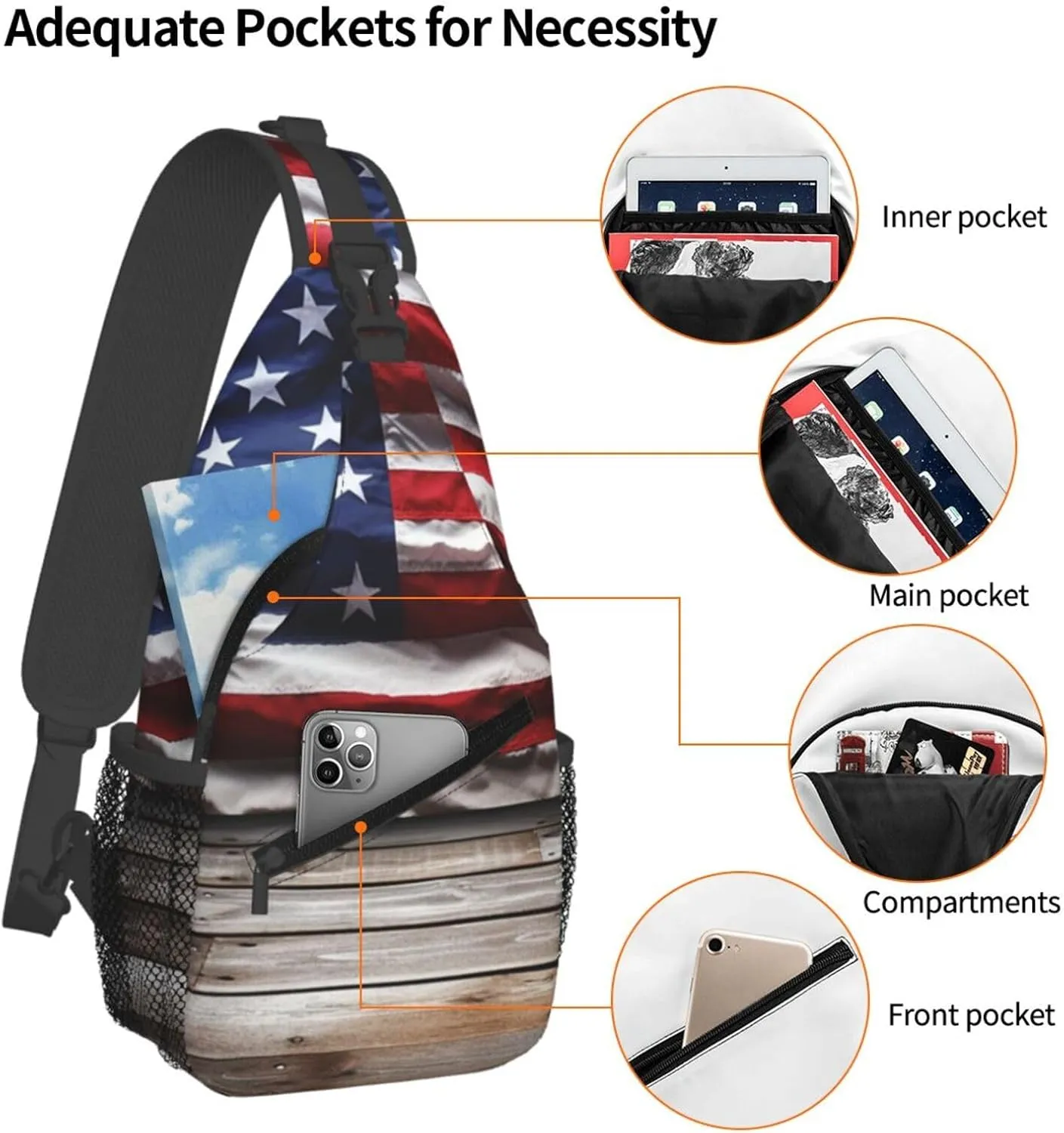 Sling Bag Crossbody Backpack for Men Women Wooden Floor American Flag Chest Bag Crossbody Bag for Travel Sport Running
