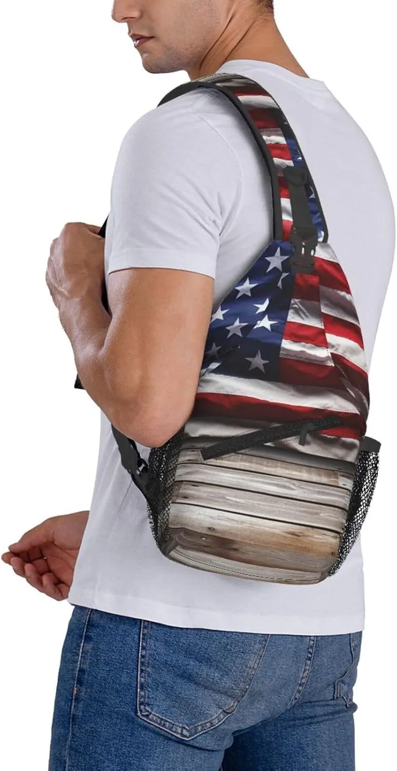 Sling Bag Crossbody Backpack for Men Women Wooden Floor American Flag Chest Bag Crossbody Bag for Travel Sport Running