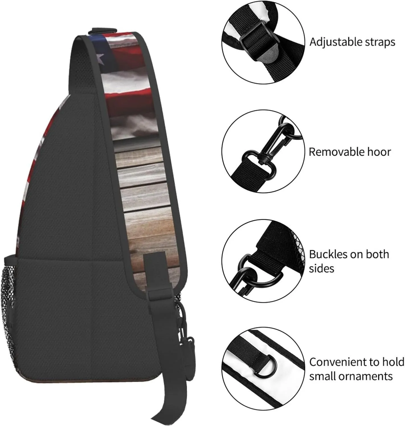 Sling Bag Crossbody Backpack for Men Women Wooden Floor American Flag Chest Bag Crossbody Bag for Travel Sport Running