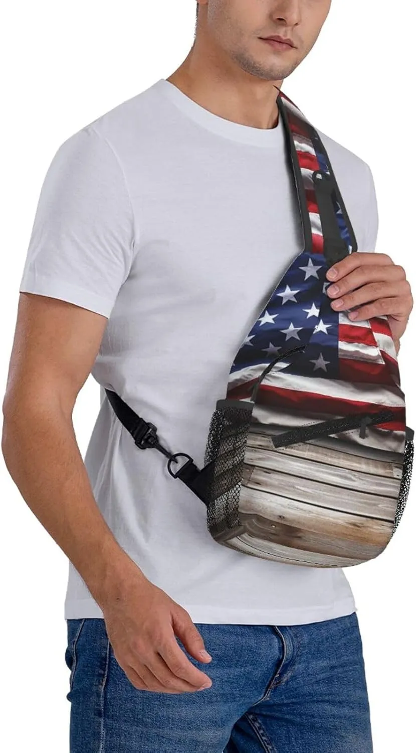 Sling Bag Crossbody Backpack for Men Women Wooden Floor American Flag Chest Bag Crossbody Bag for Travel Sport Running