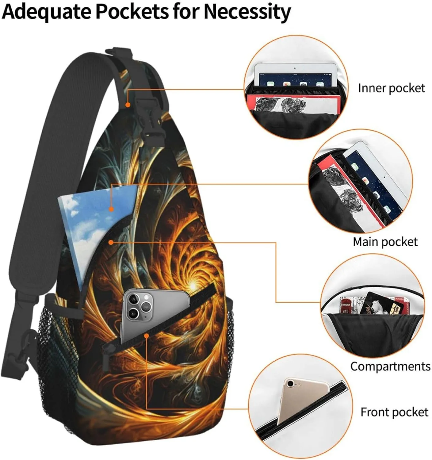 Sling Bag Crossbody Backpack for Men Women Yellow Abstract Spiral Pattern Chest Bag Crossbody Bag for Travel Sport Running