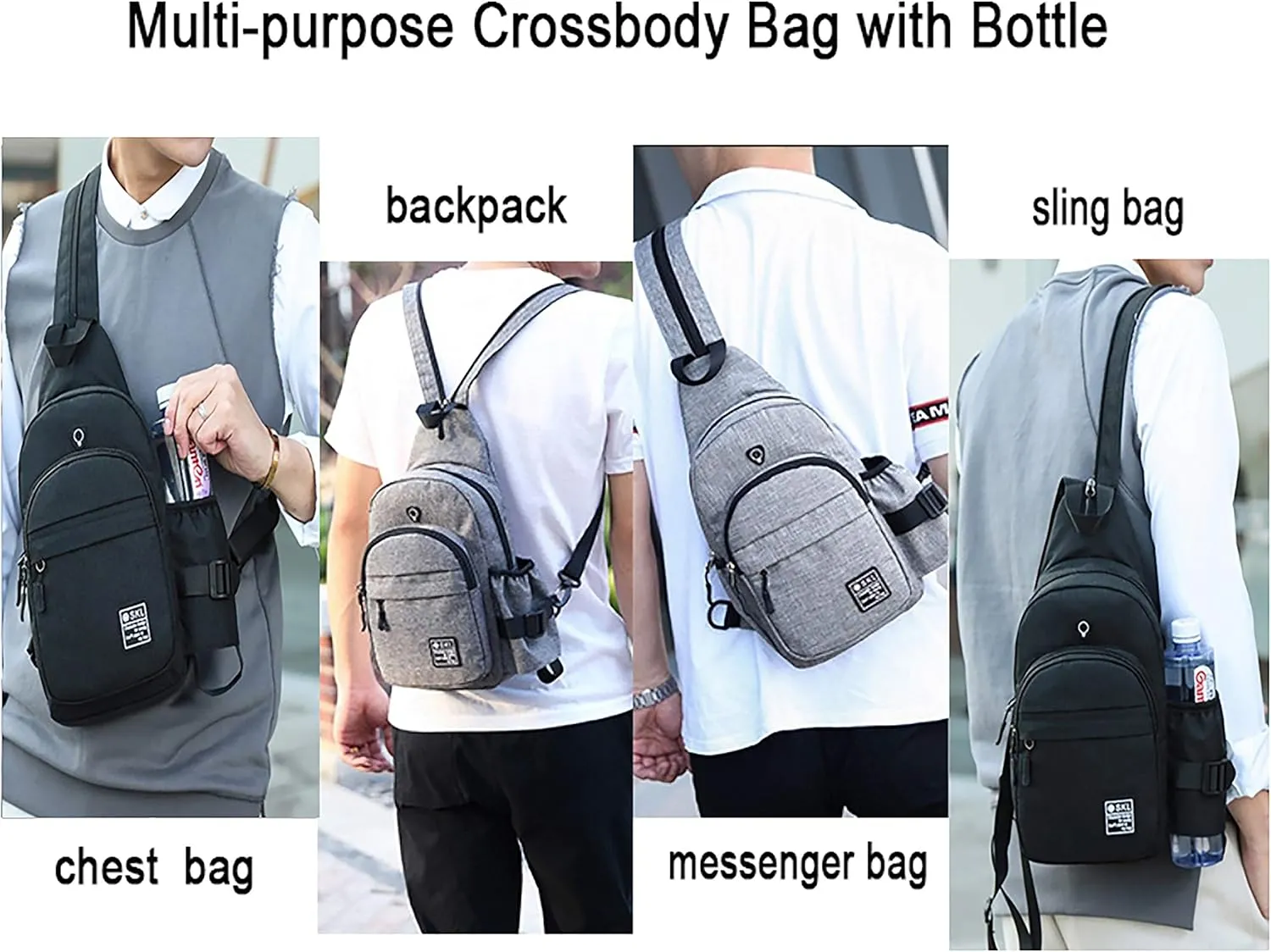Sling Bag Crossbody Shoulder Multipurpose Casual Daypacks with Earphone Hole for Men Women - Black