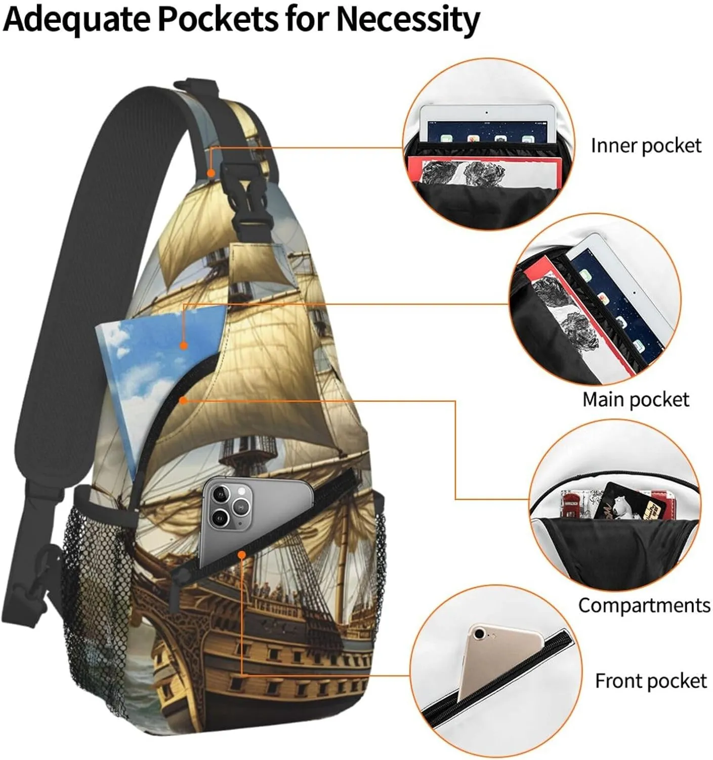 Sling Bag Crossbody Sling Backpack for Men Women Age of Discovery Ship Cross Chest Bag Travel Hiking Daypack