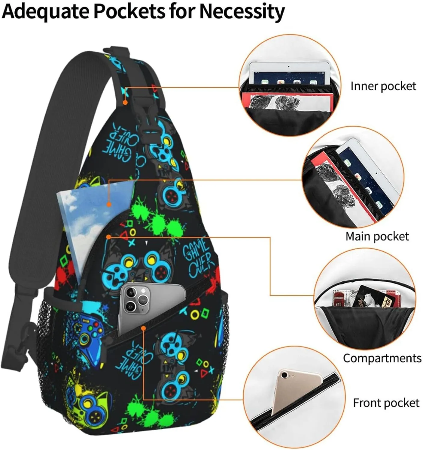 Sling Bag Crossbody Sling Backpack for Women Men Travel Hiking Daypack Chest Shoulder Bag (for Video Game WeaponPattern)