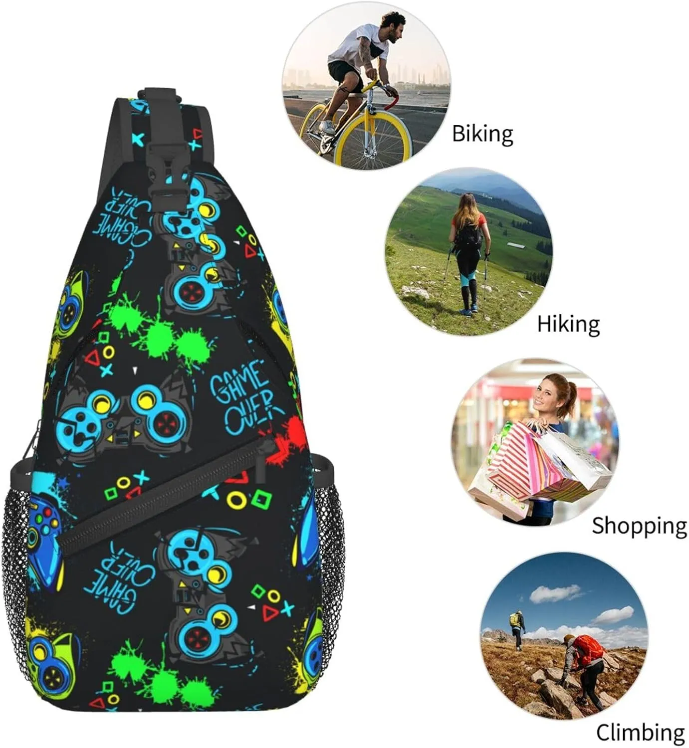 Sling Bag Crossbody Sling Backpack for Women Men Travel Hiking Daypack Chest Shoulder Bag (for Video Game WeaponPattern)