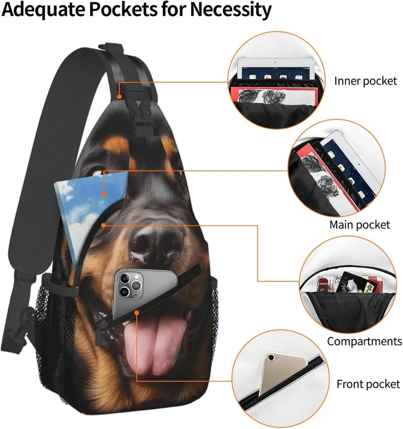 Sling Bag Dog Print Crossbody Chest Backpack for Men and Women, Lightweight Funny Pet Dog Close-Up Lovely Animal Design Travel Hiking Gym Daypack Shoulder Bag for Cycling