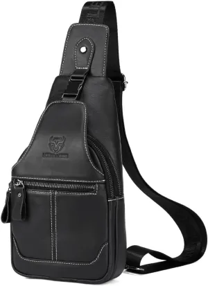 Sling Bag for Men Genuine Leather Chest Bag Crossbody Backpack Travel Hiking Outdoor Sports (Black)