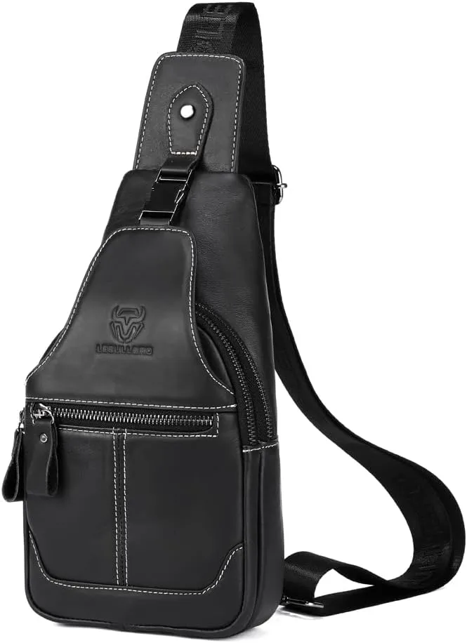 Sling Bag for Men Genuine Leather Chest Bag Crossbody Backpack Travel Hiking Outdoor Sports (Black)