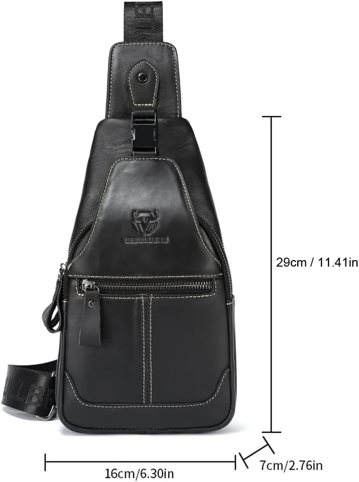 Sling Bag for Men Genuine Leather Chest Bag Crossbody Backpack Travel Hiking Outdoor Sports (Black)