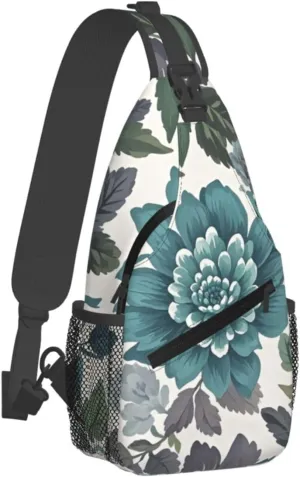 Sling Bag for Men Women Crossbody Backpack Teal Grey and White Floral Crossbody Bag Chest Bag for Travel Sport
