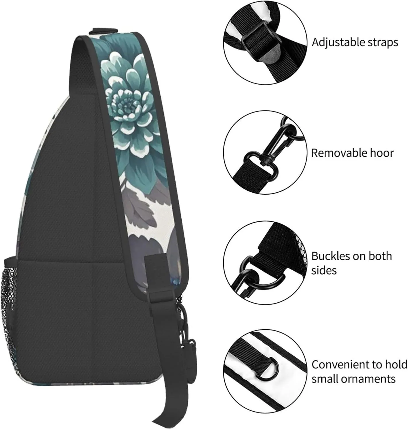 Sling Bag for Men Women Crossbody Backpack Teal Grey and White Floral Crossbody Bag Chest Bag for Travel Sport