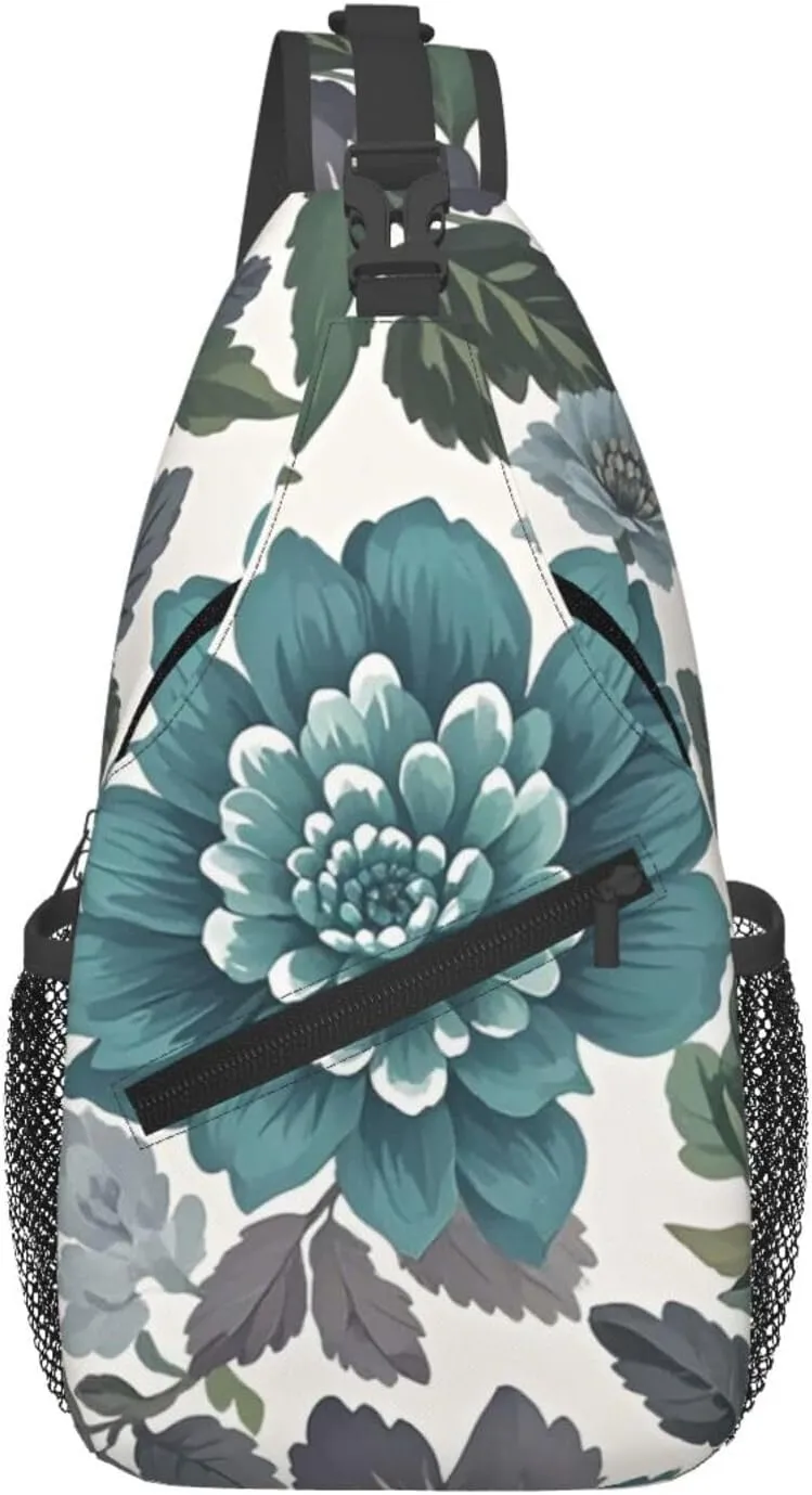 Sling Bag for Men Women Crossbody Backpack Teal Grey and White Floral Crossbody Bag Chest Bag for Travel Sport