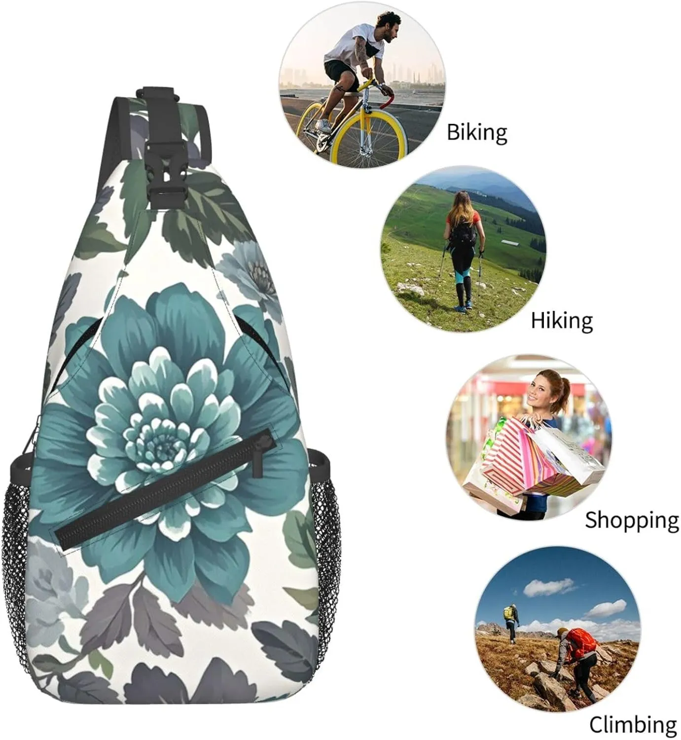Sling Bag for Men Women Crossbody Backpack Teal Grey and White Floral Crossbody Bag Chest Bag for Travel Sport