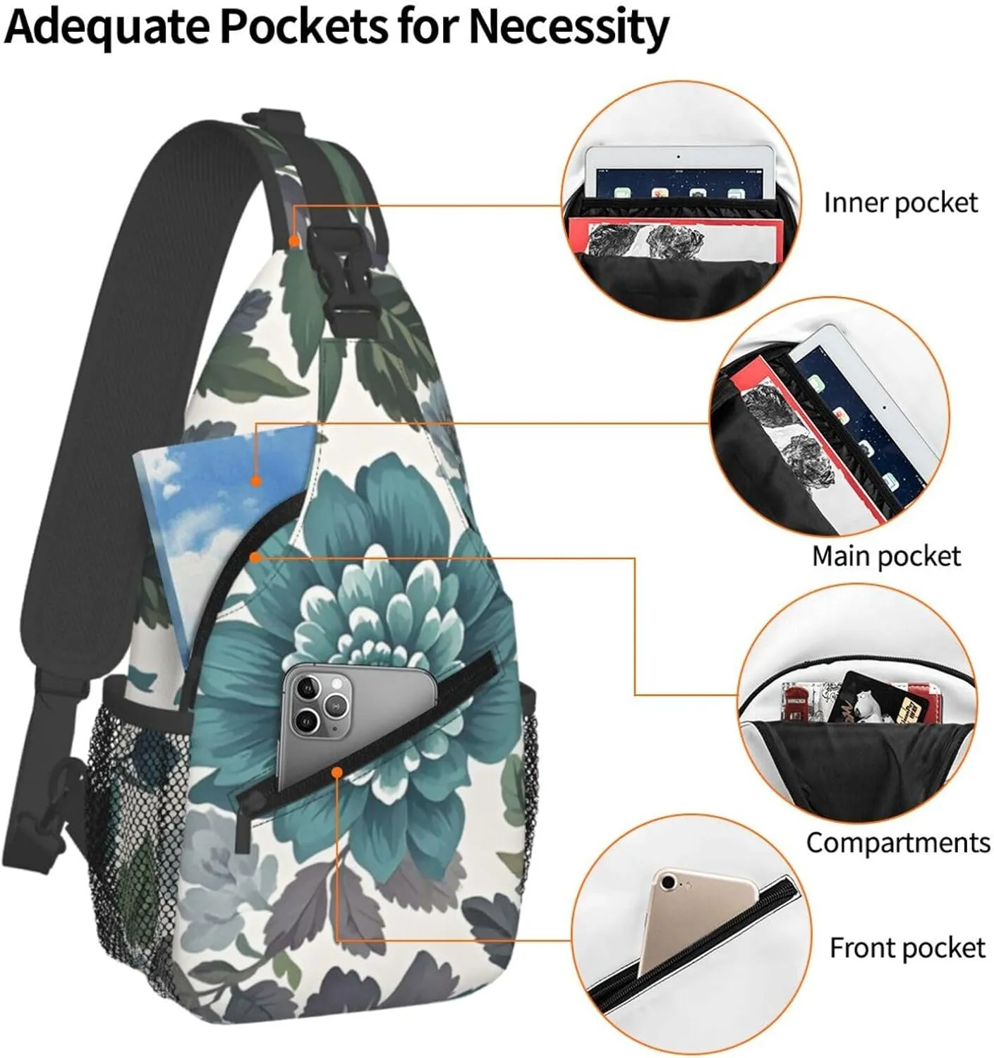 Sling Bag for Men Women Crossbody Backpack Teal Grey and White Floral Crossbody Bag Chest Bag for Travel Sport
