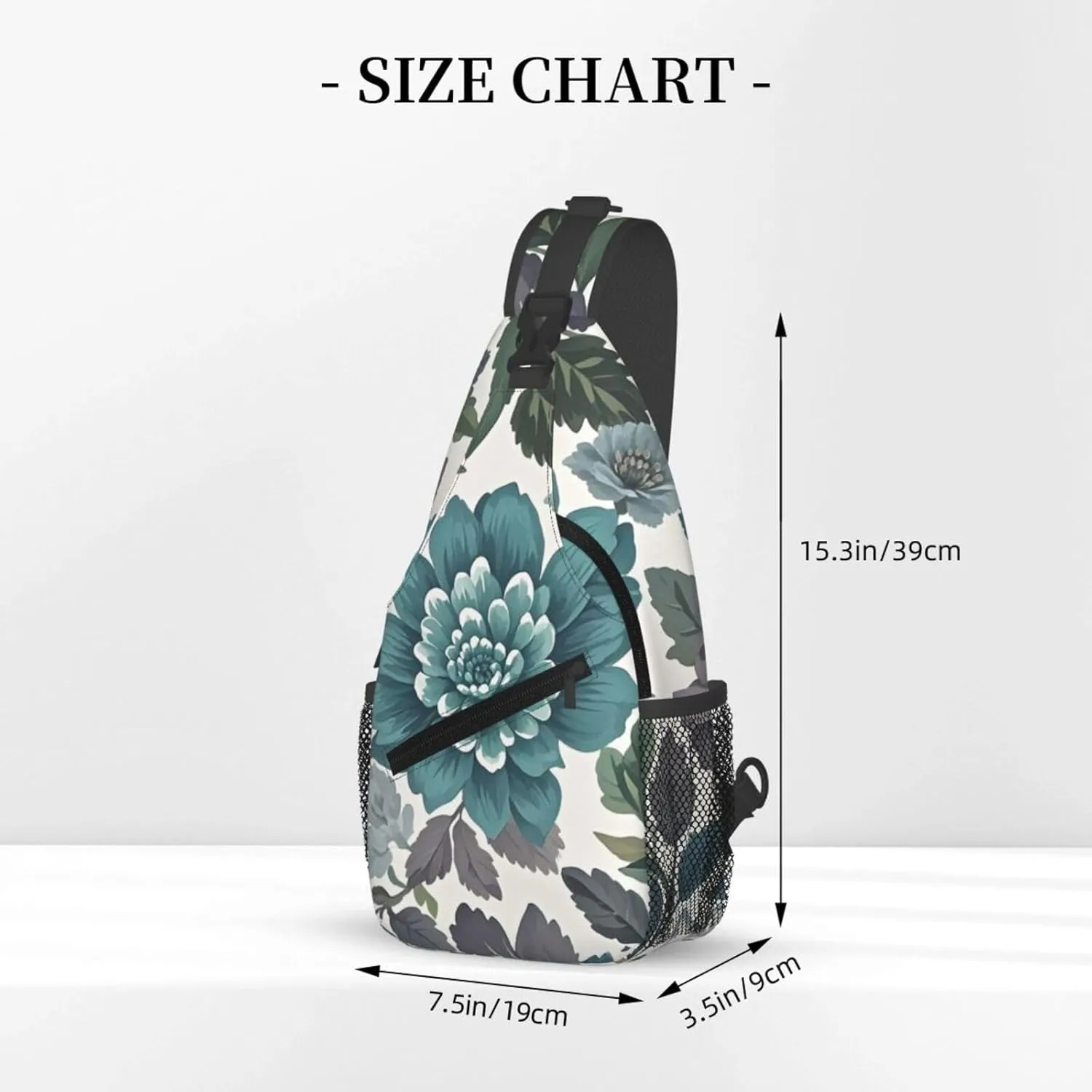 Sling Bag for Men Women Crossbody Backpack Teal Grey and White Floral Crossbody Bag Chest Bag for Travel Sport