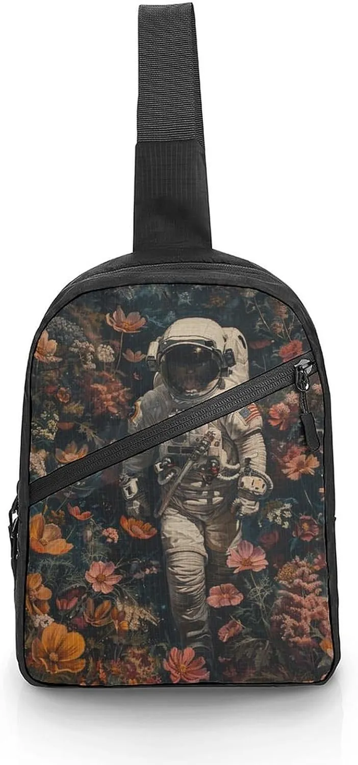 Sling Bag for Women Men Daypack Astronaut And Flowers Chest Bag Crossbody Backpack for Hiking Travel