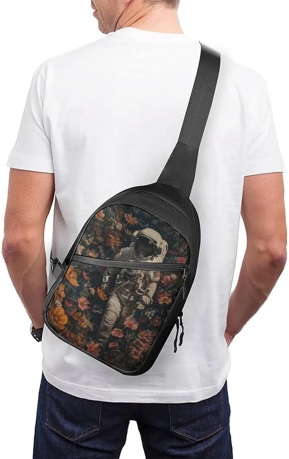 Sling Bag for Women Men Daypack Astronaut And Flowers Chest Bag Crossbody Backpack for Hiking Travel