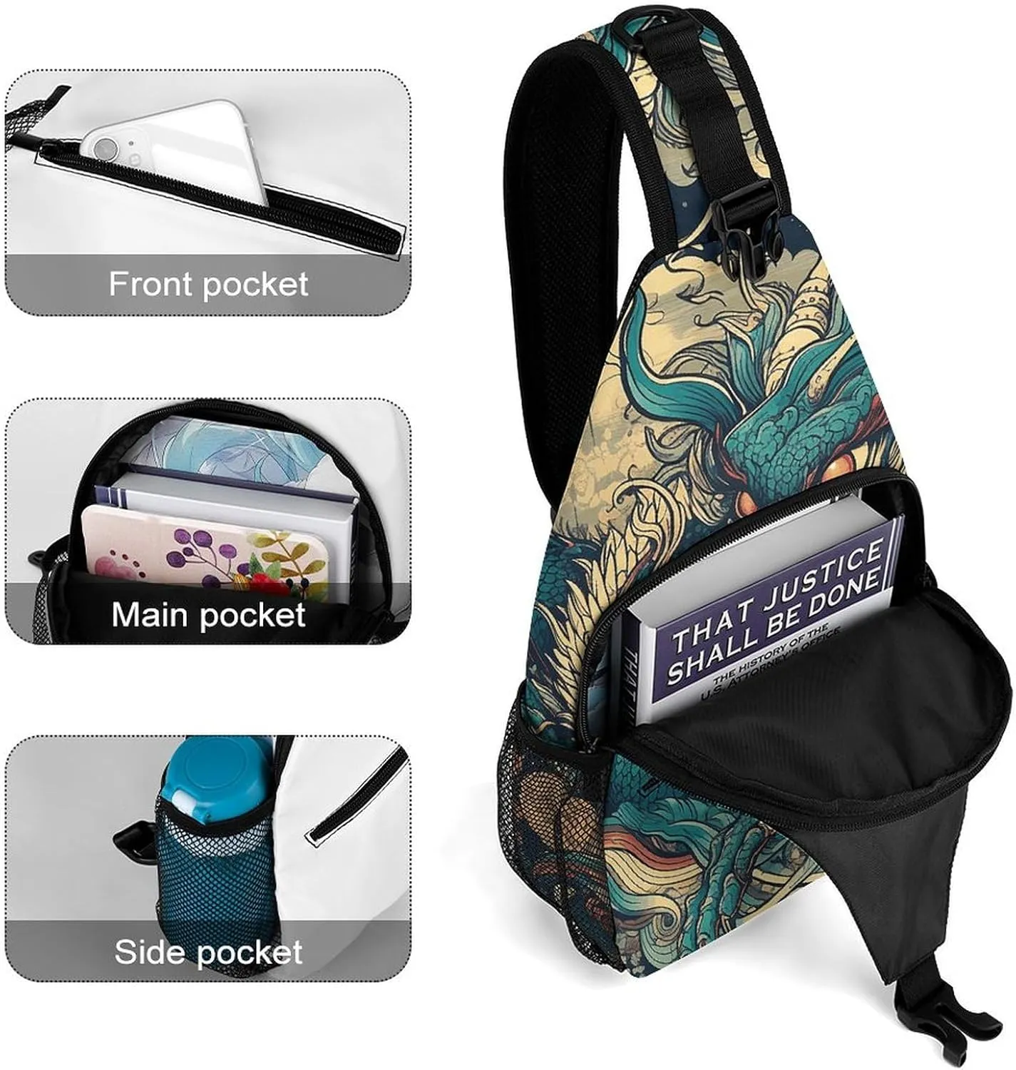 Sling Bag for Women Men Daypack Colorful Dragon Pattern Chest Bag Crossbody Backpack for Hiking Travel