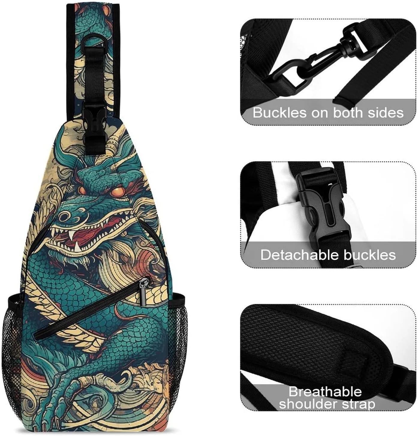 Sling Bag for Women Men Daypack Colorful Dragon Pattern Chest Bag Crossbody Backpack for Hiking Travel