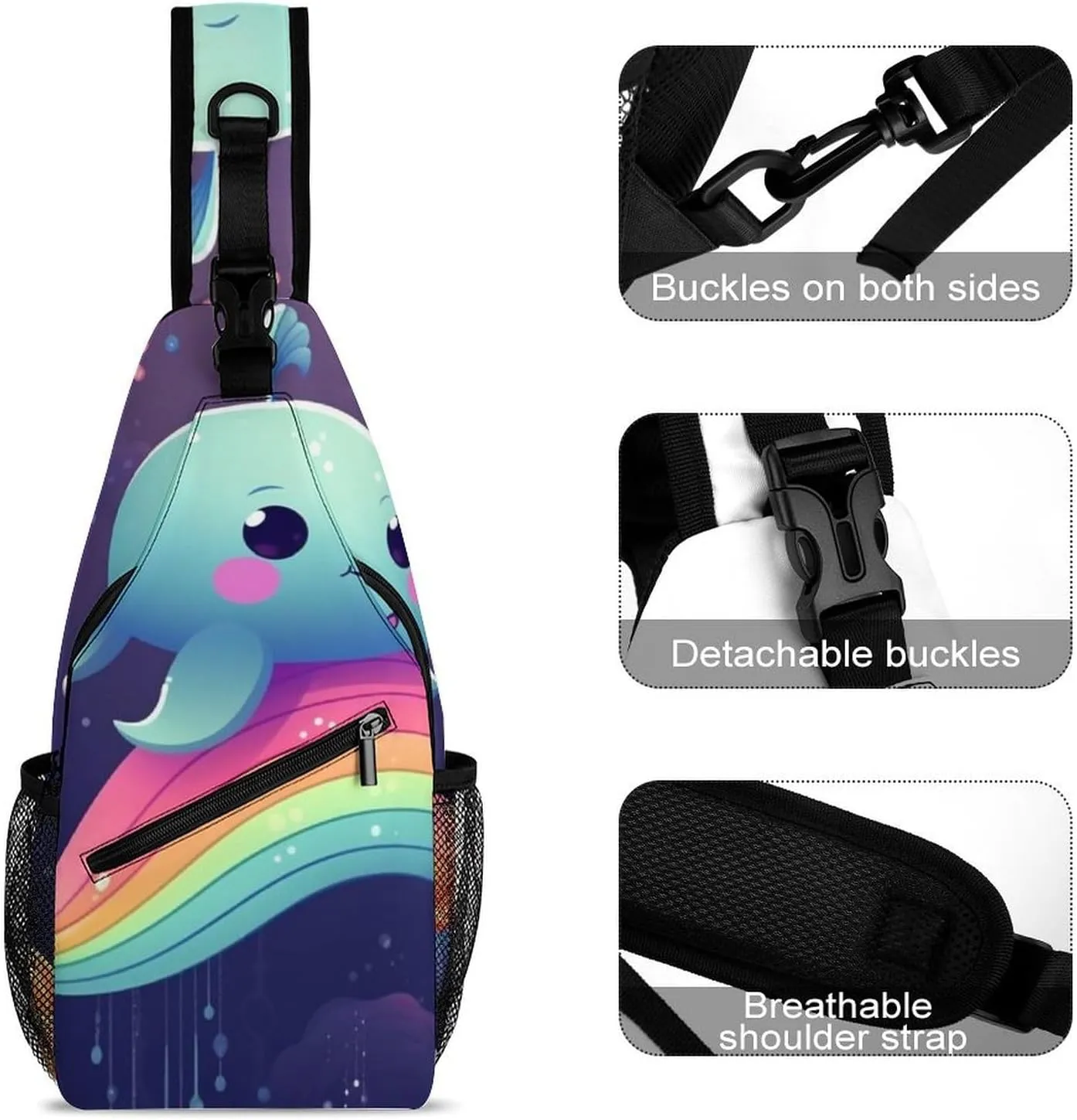 Sling Bag for Women Men Daypack Cute Sea Animal Rainbow Chest Bag Crossbody Backpack for Hiking Travel, 38x20cm