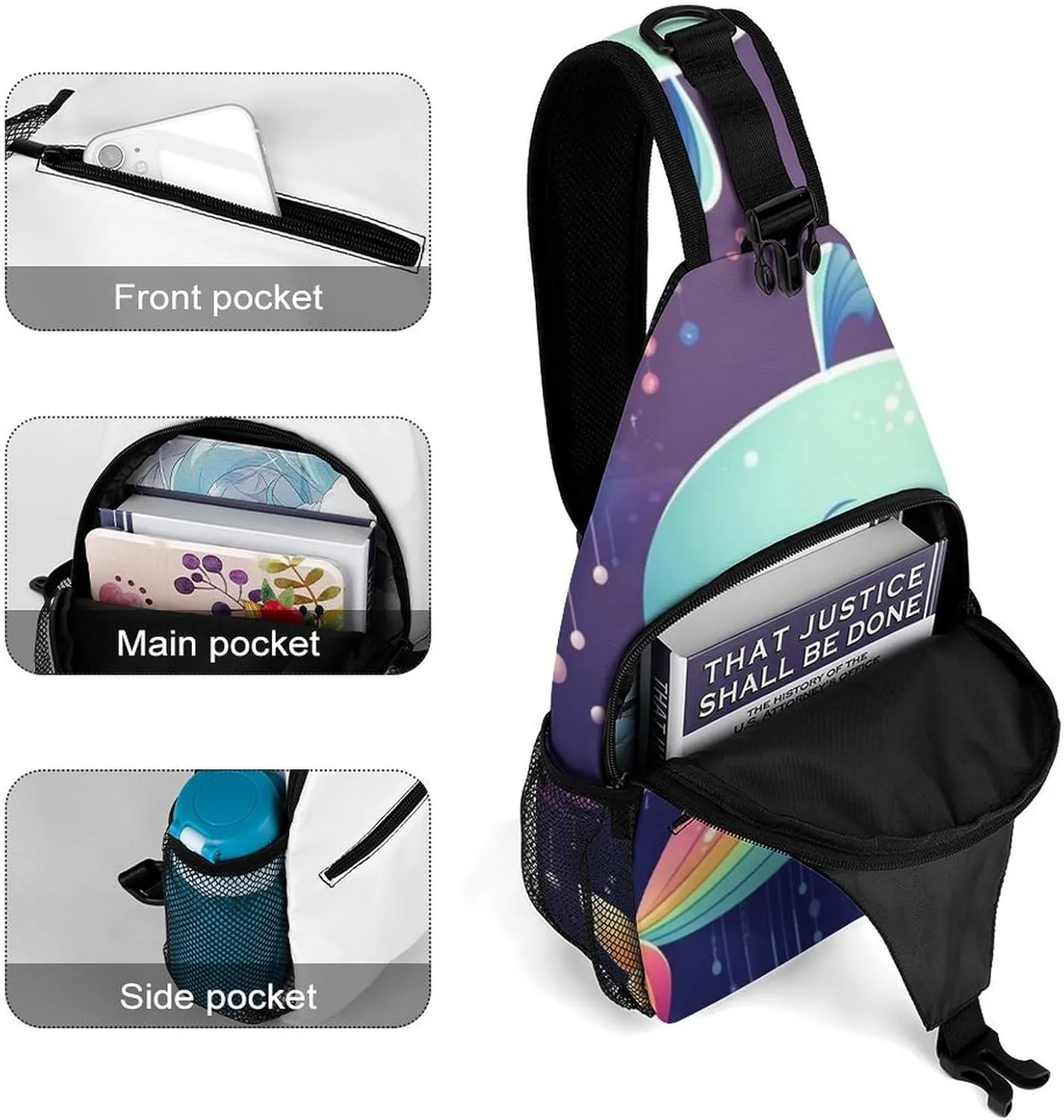 Sling Bag for Women Men Daypack Cute Sea Animal Rainbow Chest Bag Crossbody Backpack for Hiking Travel, 38x20cm