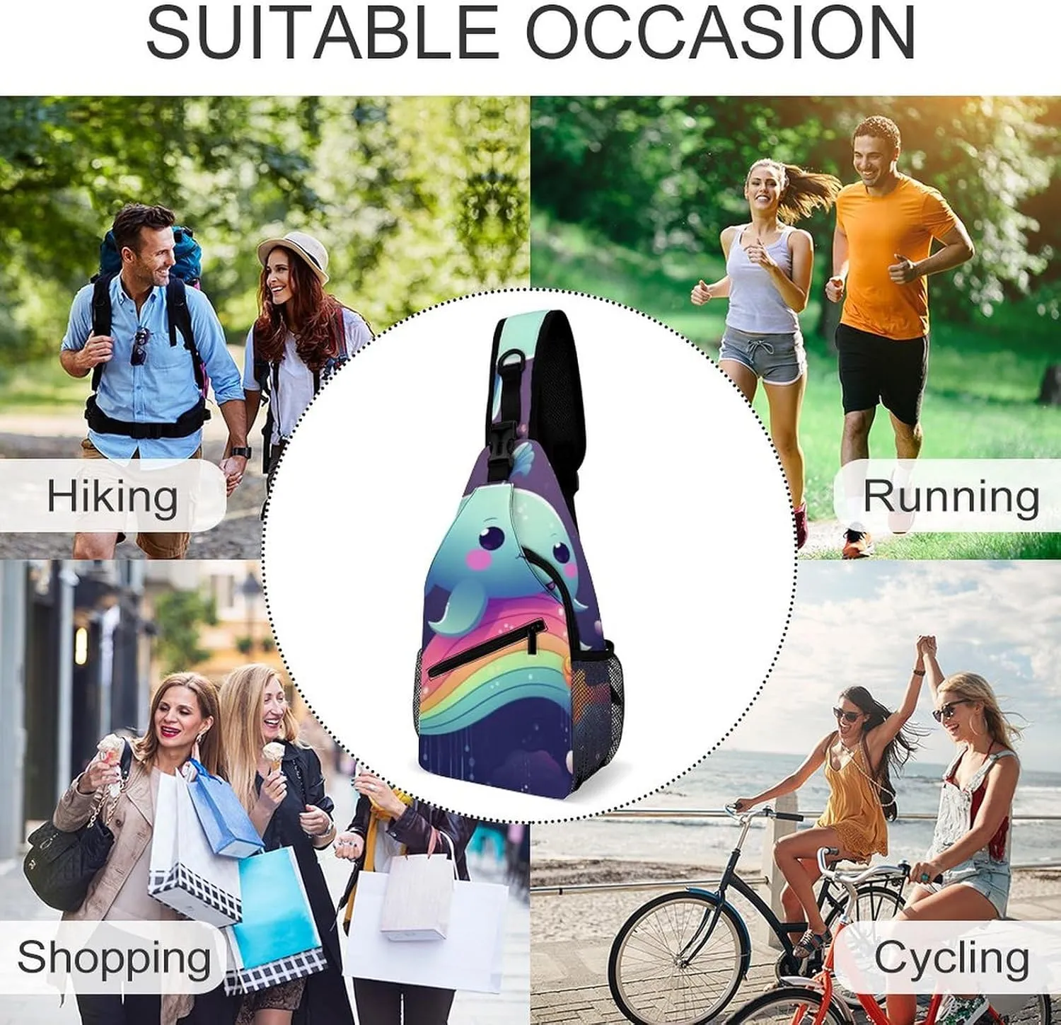 Sling Bag for Women Men Daypack Cute Sea Animal Rainbow Chest Bag Crossbody Backpack for Hiking Travel, 38x20cm